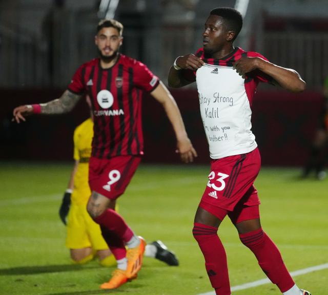 Phoenix Rising defender Eddie Munjoma (23) celebrates a goal against Memphis 901 during a game at Phoenix Rising Stadium on July 1, 2023.