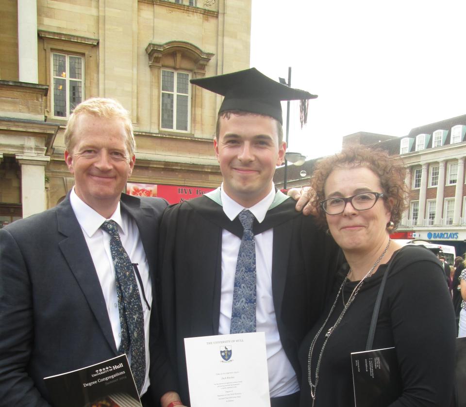 Jack and his parents, Liz and Charles, at his graduation from the University of Hull.