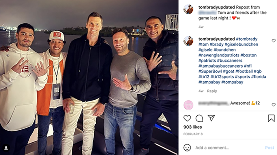 Tampa Bay Buccaneers quarterback Tom Brady and some of his associates on Jeffrey Soffer’s Madsummer superyacht after the Super Bowl on Feb. 7, 2021. Instagram