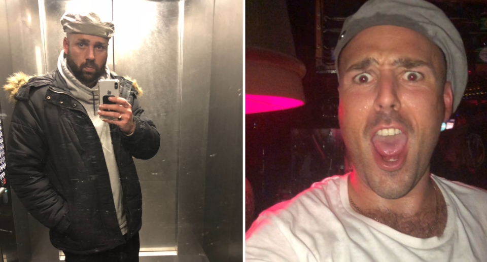 Gambling story illustrated by a former addict standing in a lift (left) and close up with mouth open (right).