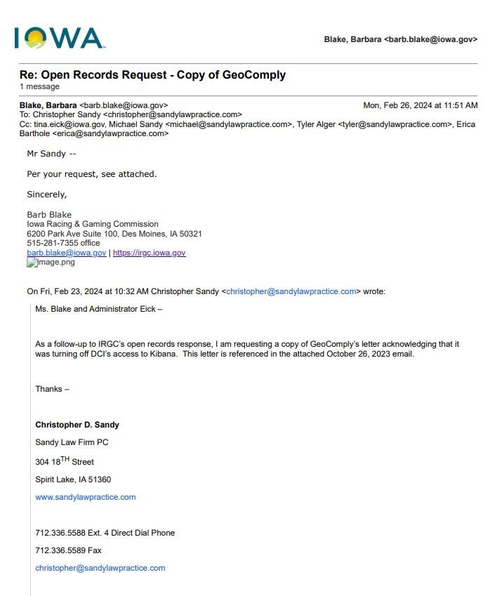 This email, obtained through a public records request, references a letter in which GeoComply acknowledges it is cutting off the Iowa Division of Criminal Investigation's access to its software.