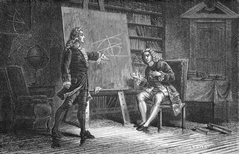 Two men wearing wigs and dressed in 18th-century garb puzzling over geometric problems on a drawing board.