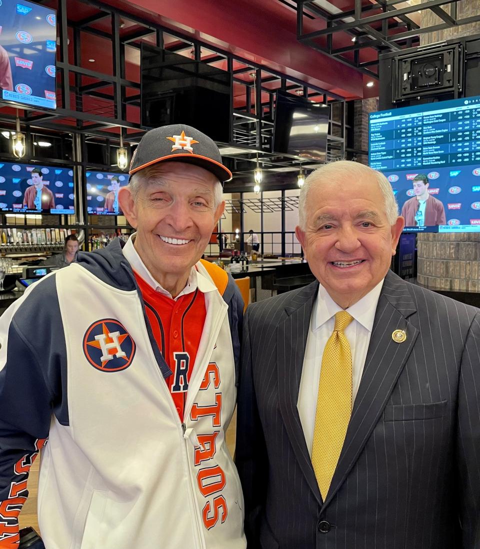 Jim McIngvale, also known as Mattress Mack, left, and Louisiana Gaming Commission Chairman Ronnie Johns attend the grand opening of the Horseshoe Casino in Westlake, La., on Dec. 12, 2022.