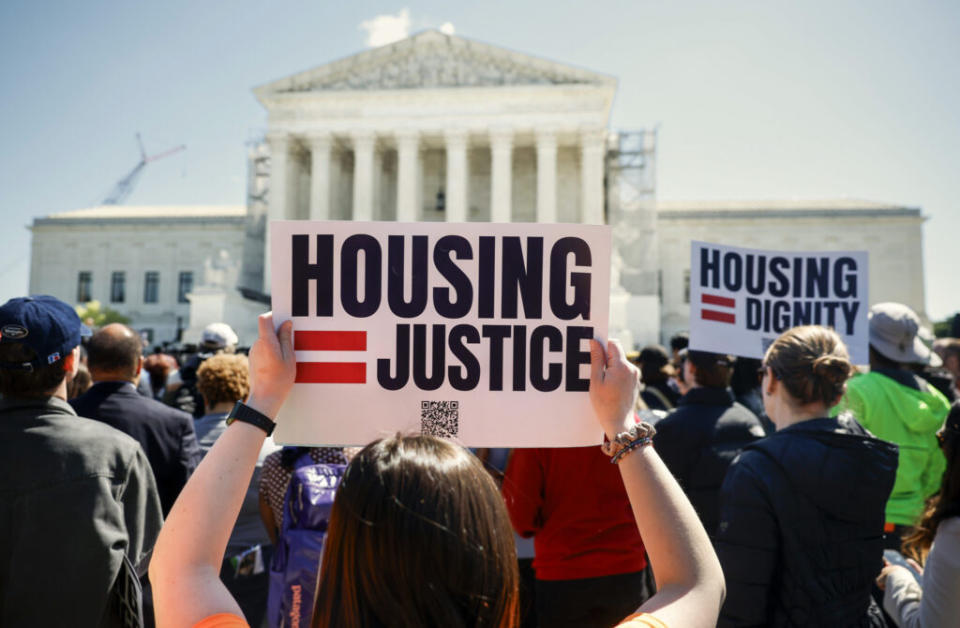 Homeless rights activists hold a rally outside of the U.S. Supreme Court