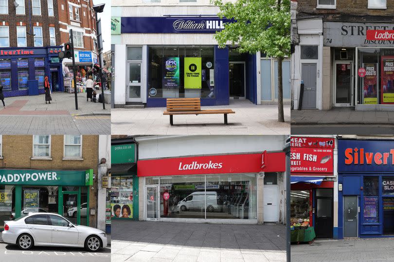 A combo photo shows betting shops in Harlesden in London, Britain 17 July 2023. Facundo Arrizabalaga/MyLondon