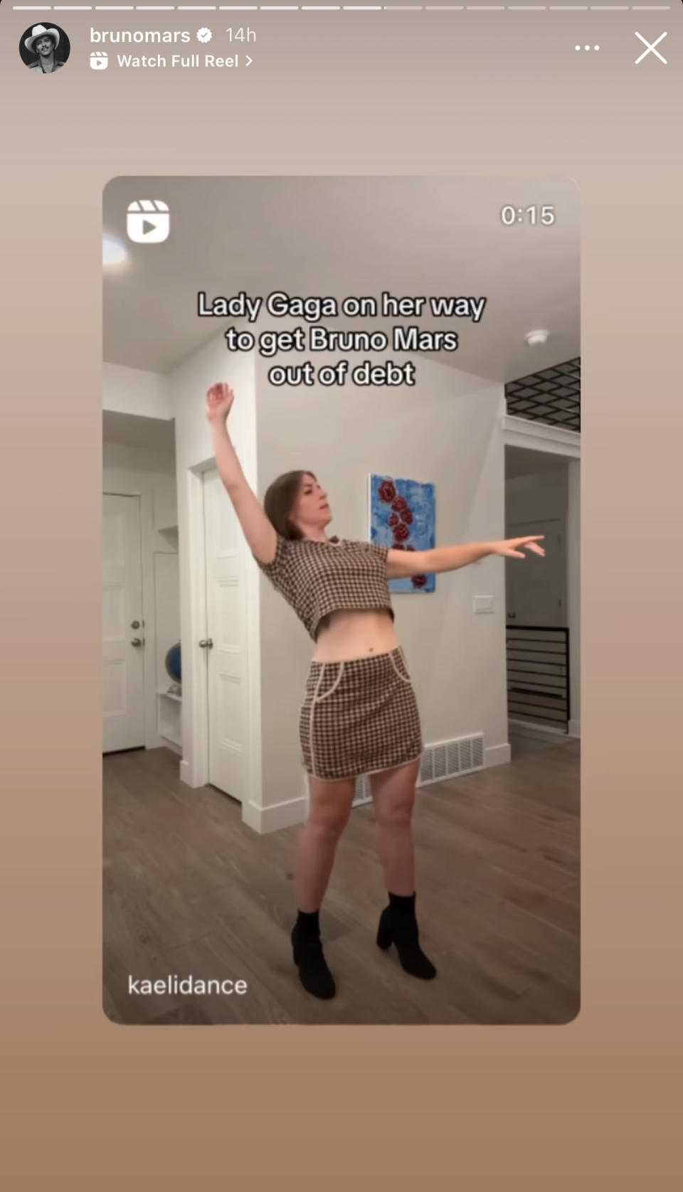 Kaeli Honsberger dances in a patterned crop top and skirt, captioned "Lady Gaga on her way to get Bruno Mars out of debt."