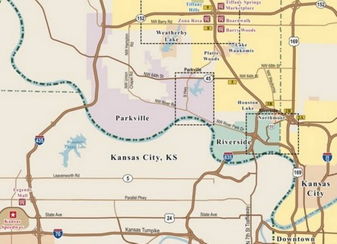 The Riverside Downs horse track and the Riverside Stadium car track were in what is now the city of Riverside, northwest of downtown Kansas City on the Missouri River.