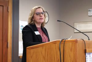  Sheri Grossman, chief executive officer of the Bismarck-Mandan Convention and Visitors Bureau, delivers testimony on charitable gambling during a public hearing held by the Senate Judiciary Committee on Jan. 13, 2024. (Michael Achterling/North Dakota Monitor)