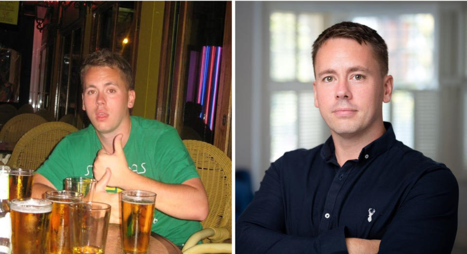 Sean Alexander&#39;s drug and alcohol addiction issues were linked to childhood bullying. Pictured here before and after rehab. (L: supplied and R: Andrew Lunn)