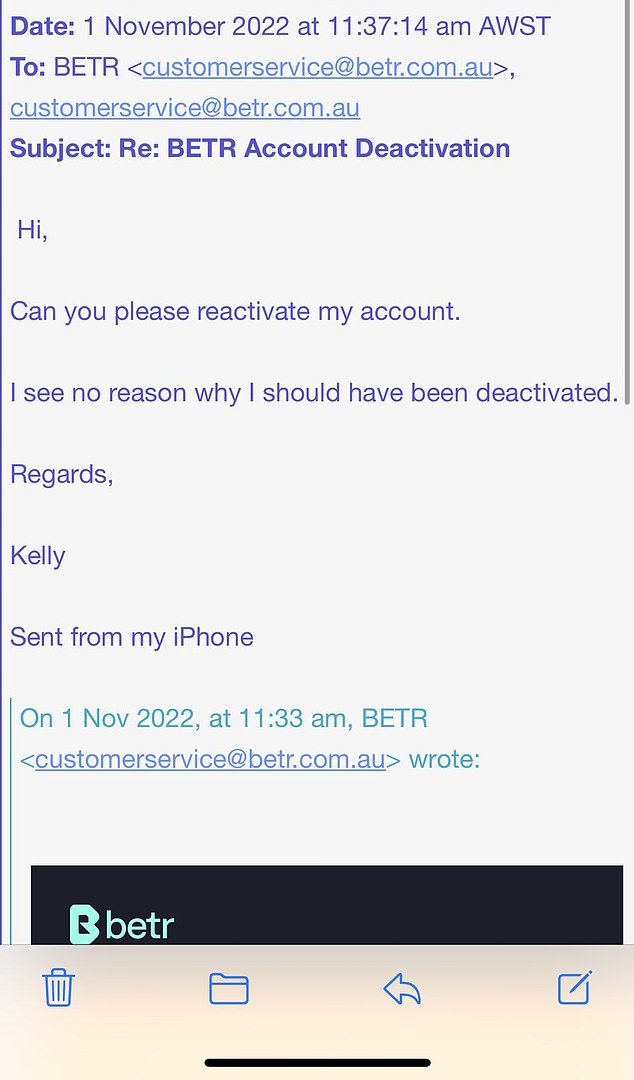 Ms Chalwell emailed back just four minutes later asking for her account to be reactivated