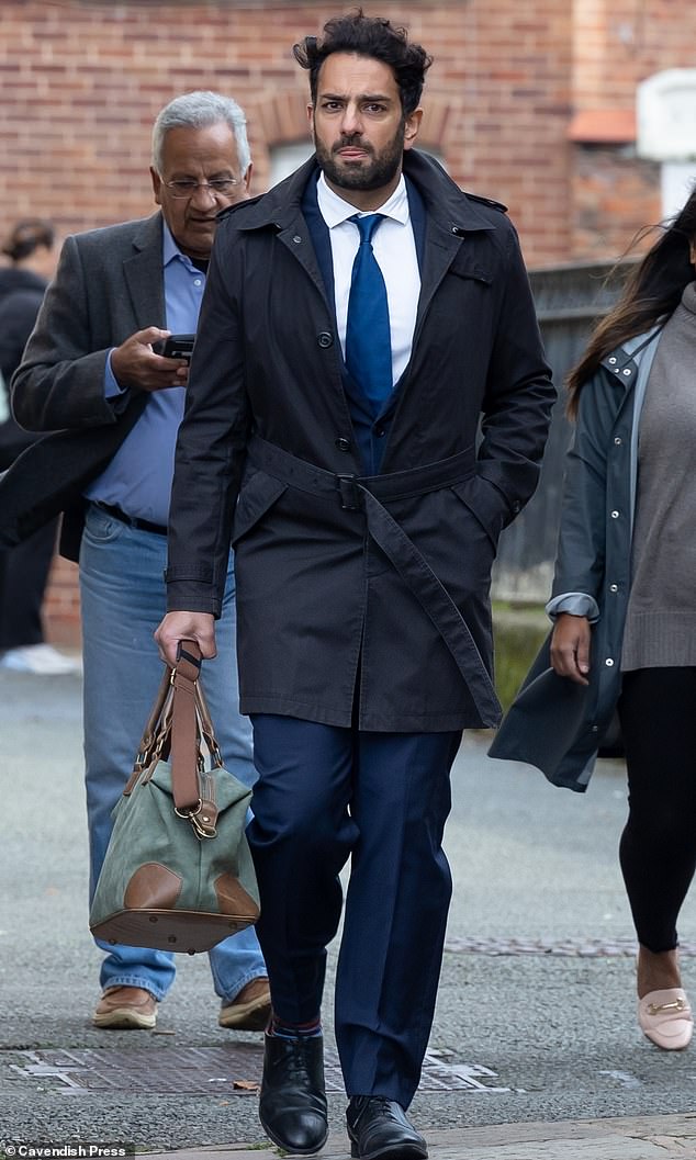 Amer Siddique (pictured in front) arriving at Chester Crown Court where he admitted fraud by false representation and was sentenced to a 12-month community order with requirements that he carry out 150 hours of unpaid work