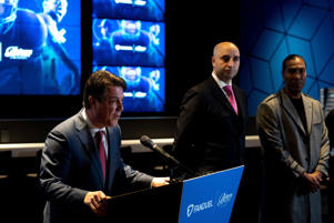 Chris Corrado, Belterra Park vice president and general manager, speaks during the FanDuel Sportsbook at Belterra Park Cincinnati Grand Opening with former Cincinnati Bengal T.J. Houshmandzadeh at Belterra Park in Cincinnati on Thursday, Jan. 12, 2023.