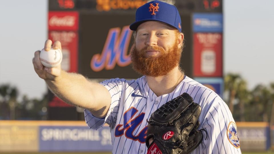 Feb 23, 2023; Port St. Lucie, FL, USA; New York Mets starting pitcher Stephen Ridings (66) poses for a picture during the New York Mets media photo day at Clover Field.