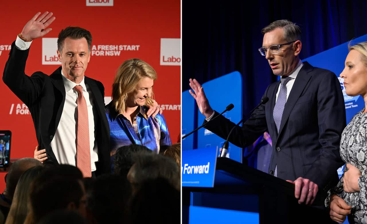  A composite of NSW Premier-elect Chris Minns (left) and outgoing NSW Premier Dominic Perrottet on election night.