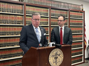 District Attorney William Fitzpatrick (left) and Senior Assistant District Attorney Peter Hakes discuss details of their investigation into Karen Eames after she pled guilty on Tuesday, April 11, 2023. Anne Hayes | AHayes@syracuse.com