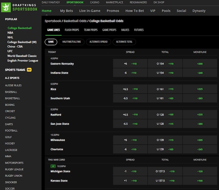 DraftKings March Madness sport gambling section