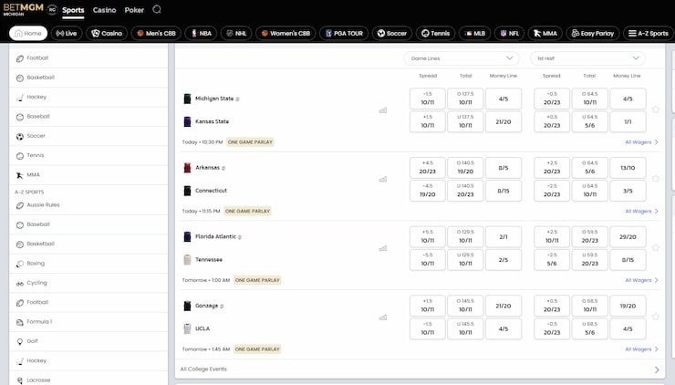 BetMGM March Madness sport gambling section