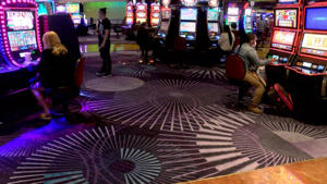 The new purple carpeting that is filling the casino floor at Harrah's in Atlantic City, NJ, shown Friday, May 14, 2021.