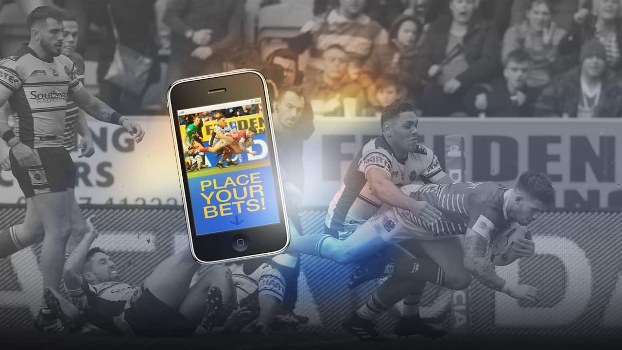 Graphic showing phone with gambling advert superimposed over rugby league.