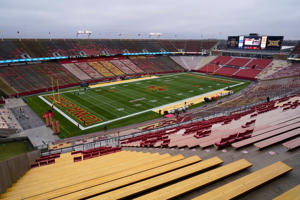 FILE – Jack Trice Stadium is viewed before an NCAA college football game between Iowa State and West Virginia, Nov. 5, 2022, in Ames, Iowa. Iowa State University said it is aware of online sports wagering allegations involving approximately 15 of its athletes from the sports of football, wrestling and track & field in violation of NCAA rules. (AP Photo/Charlie Neibergall, File)