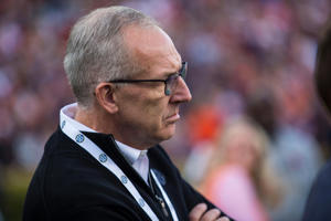 SEC commishioner Greg Sankey watches the game between Alabama and Auburn during the first half of an NCAA college football game, Saturday, Nov. 27, 2021, in Auburn, Ala. (AP Photo/Vasha Hunt)