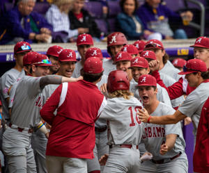 Alabama baseball players celebrate a a first-inning home run against LSU on April 29, one day after a suspicious bet on the game was placed in Cincinnati.