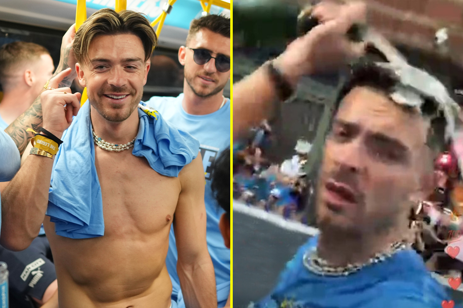 Grealish goes topless on tram and Haaland pours champagne on his head at Man City parade