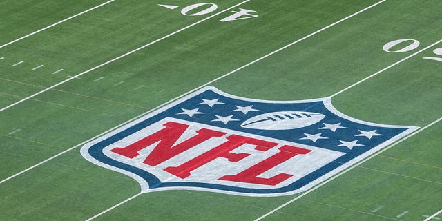 The NFL logo on the field at the Super Bowl