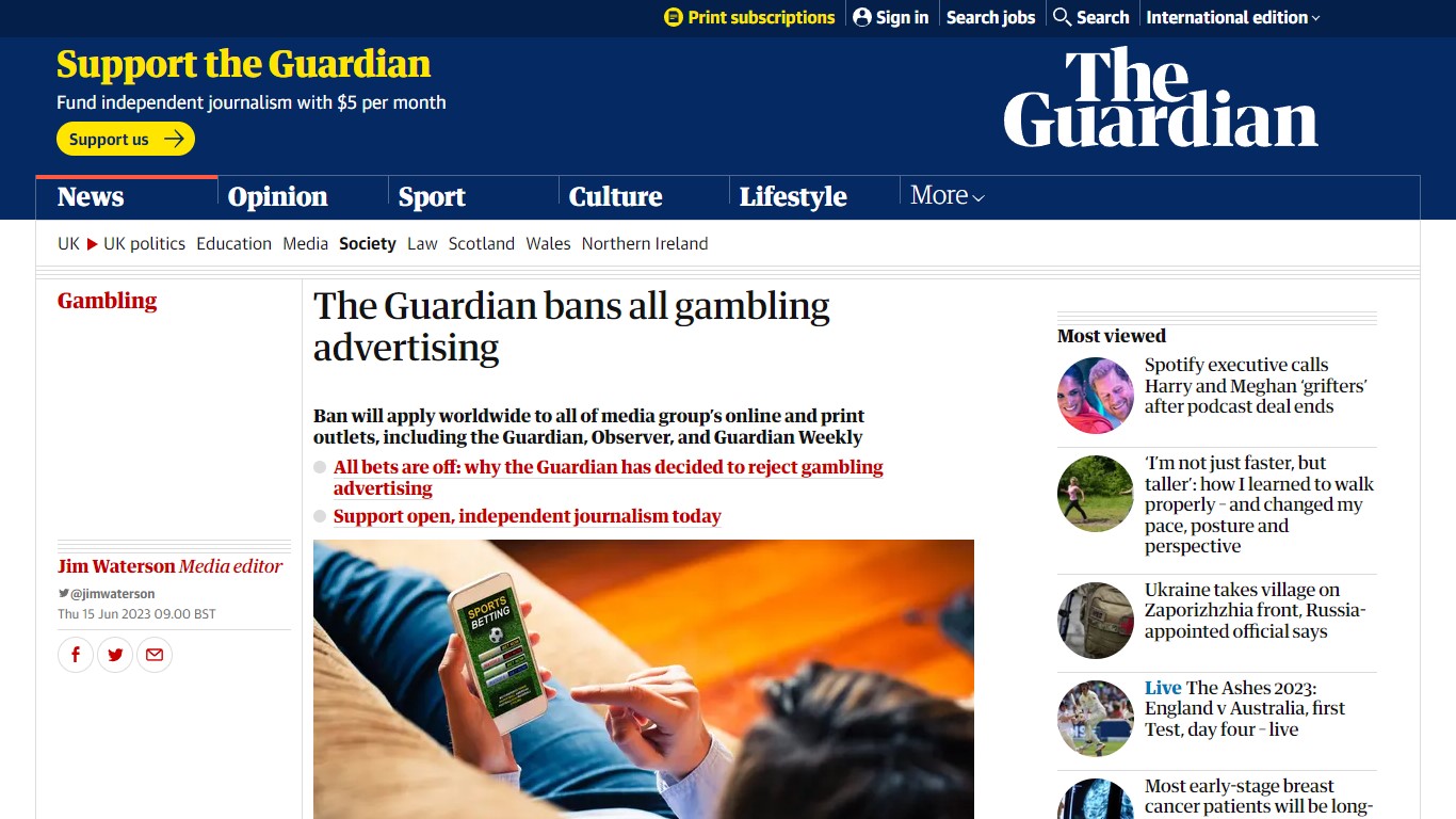 The Guardian bans gambling advertising, citing risks of addiction and financial ruin | Yogonet International