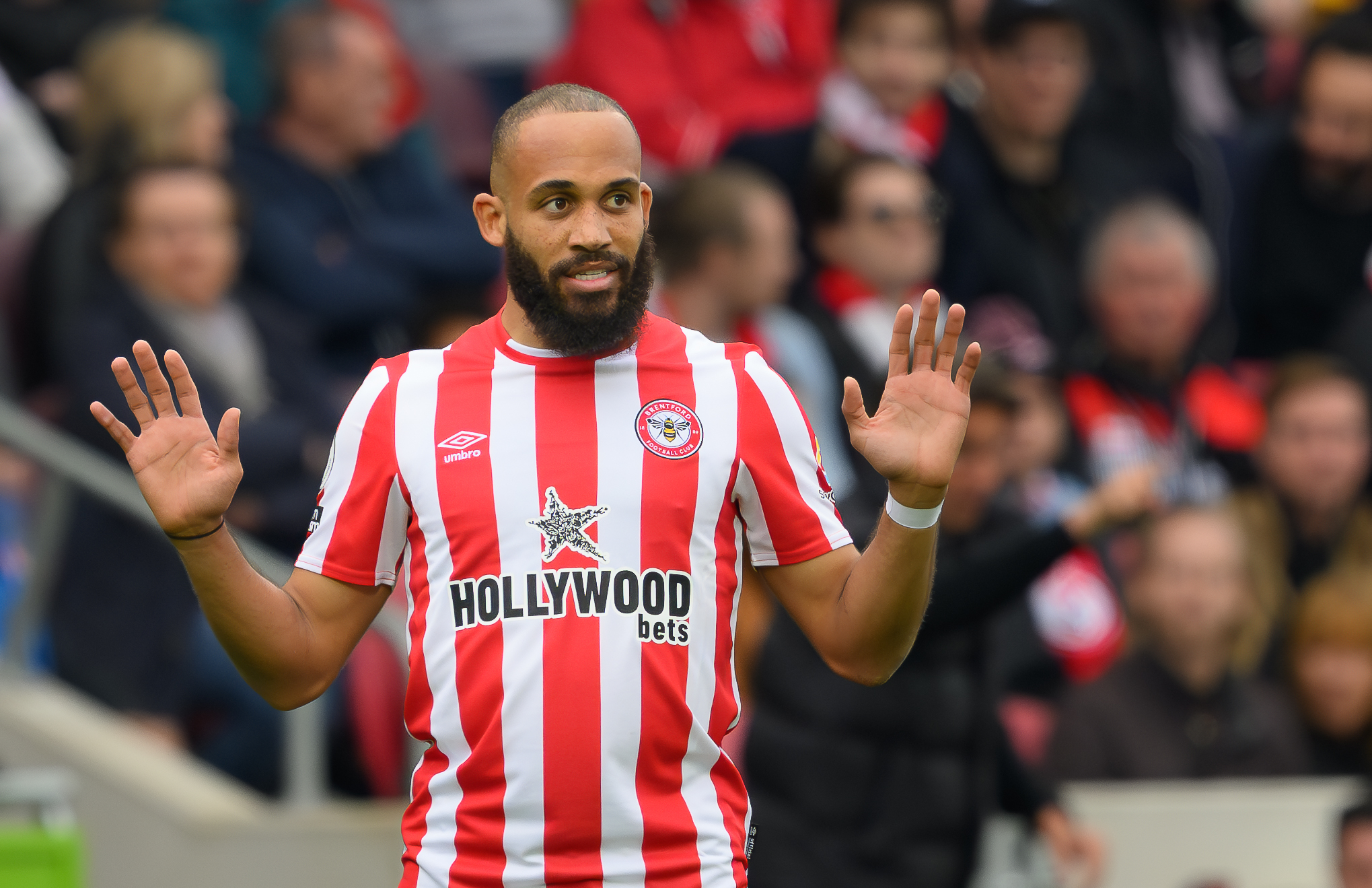 Brentford’s Bryan Mbeumo wearing their gambling sponsored jersey