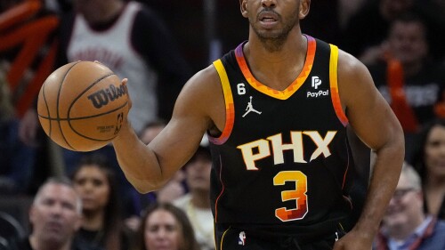 FILE - Phoenix Suns guard Chris Paul moves the ball upcourt against the Los Angeles Clippers during the second half of Game 5 of a first-round NBA basketball playoff series April 25, 2023, in Phoenix. Mat Ishbia’s five-month tenure as the new owner of the Suns has produced a whirlwind of change. Ishbia oversaw his latest big move Sunday, June 18, 2023, when the Suns put together the framework for a trade that would send 12-time All-Star Paul, Landry Shamet and other compensation to the Washington Wizards in exchange for three-time All-Star Bradley Beal. (AP Photo/Matt York, File)