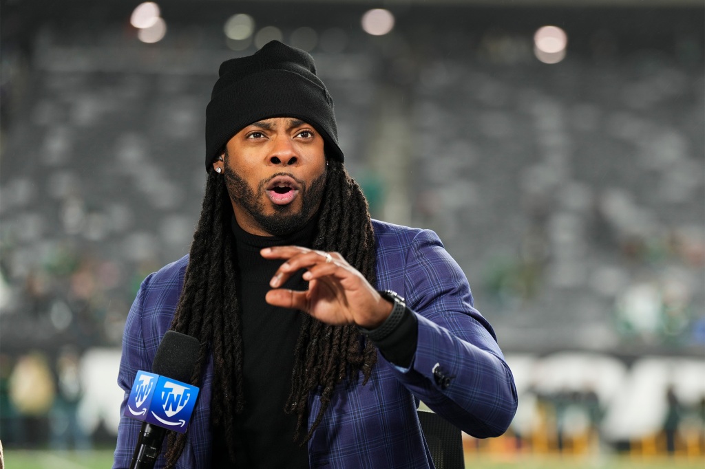 Richard Sherman works the Amazon broadcast during a December 2022 game between the Jets and Jaguars.