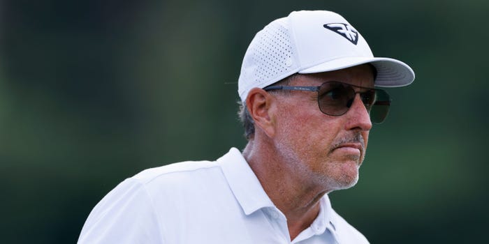 WHITE SULPHUR SPRINGS, WV - AUGUST 05: Phil Mickelson of the United States looks on at the 5th hole on day two of the LIV Golf Greenbrier at The Old White Course on August 05, 2023 at White Sulphur Springs, West Virginia. (Photo by Joe Robbins/Icon Sportswire via Getty Images)