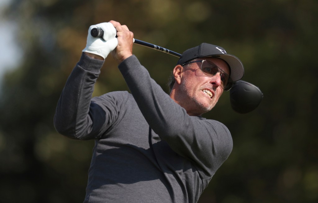  Phil Mickelson plays from the fifth tee on the first day of the British Open Golf Championships