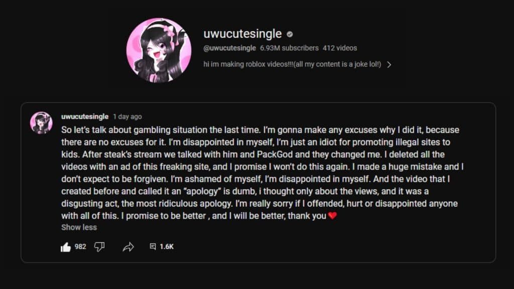 Roblox YouTuber uwucutesingle apologizes for promoting âillegalâ gambling - Dexerto