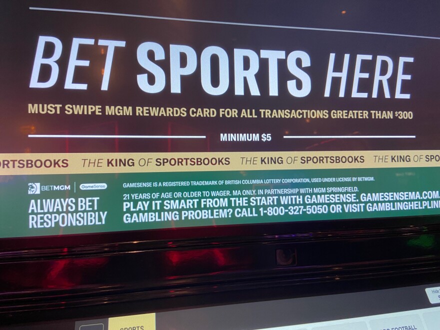 A sports betting kiosk at MGM Springfield casino, with GameSense messaging.