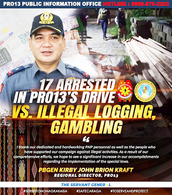 17 arrested for illegal gambling, logging in Caraga