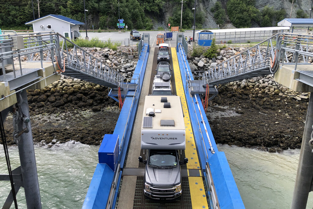 Cars drive aboard the Alaska Marine Highway System ferry Hubbard on June 25, 2023, in Haines. (Photo by James Brooks)