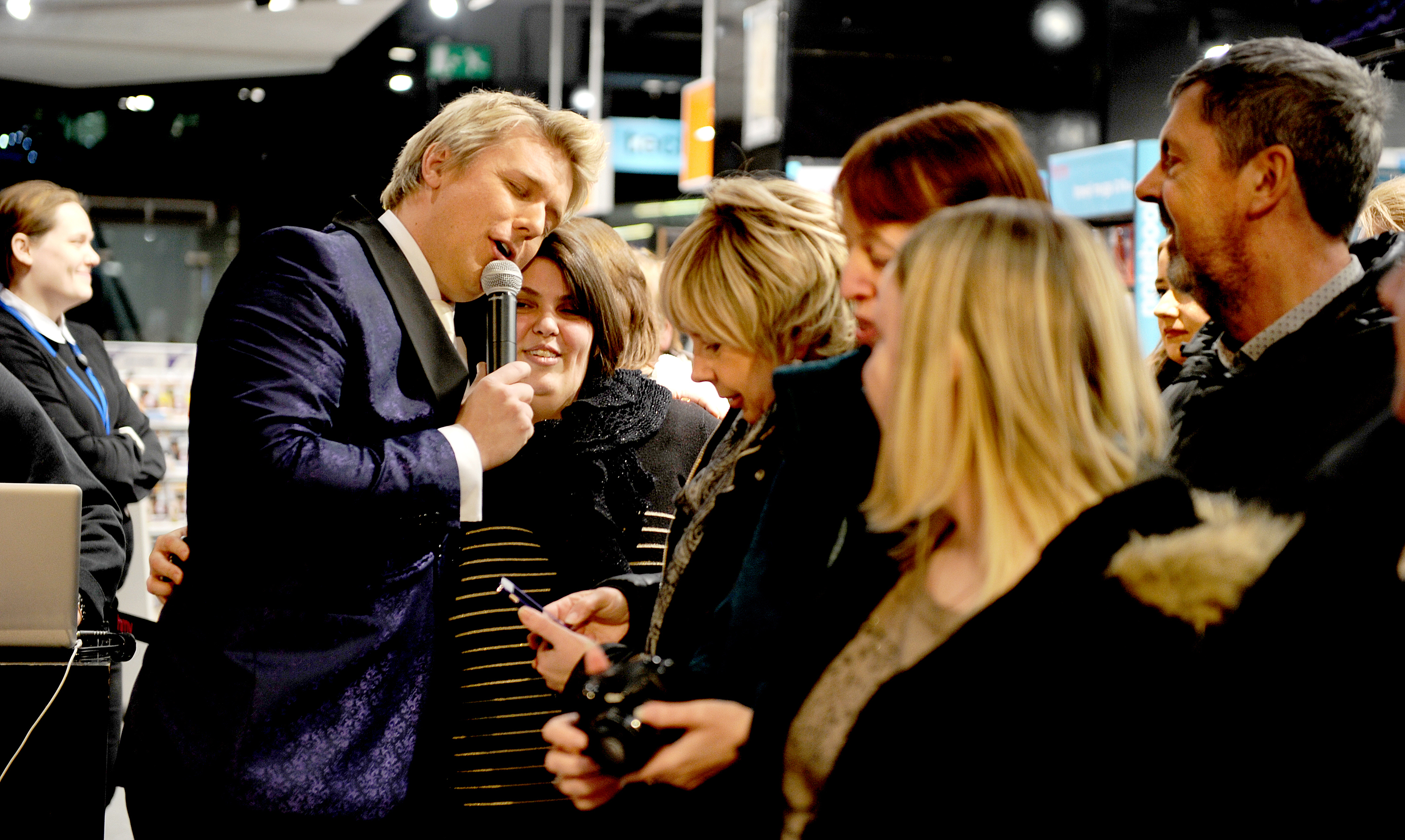 Jonathan Ansell serenading ladies in 2017, at HMV in Liverpool