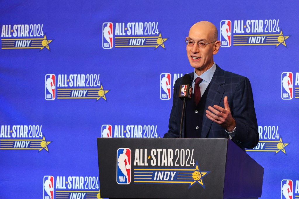 NBA Commissioner Adam Silver speaks to the media at Lucas Oil Stadium on February 17, 2024 in Indianapolis, Indiana.