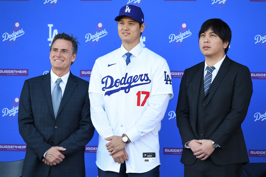 Ohtani at his Dodgers press conference with his now ex-interpretor Ippei Mizuhura.