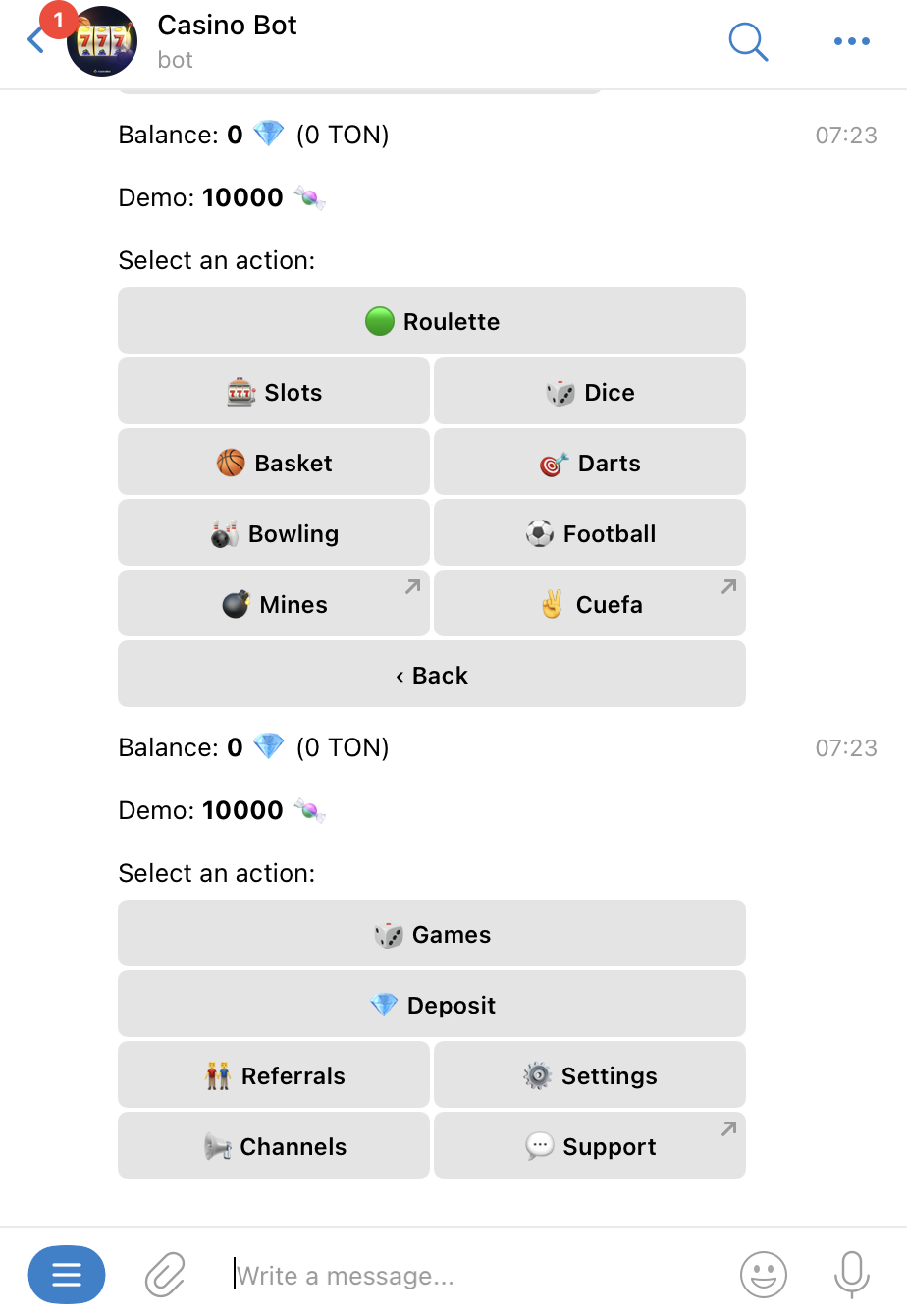 Casino bot Telegram channel
