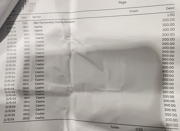 Pictured: A P&O bill showing how the casino charges are charged back to rooms as a bill, rather than passengers paying up front