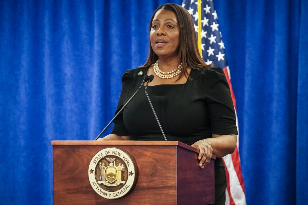 New York Attorney General Letitia James speaks Feb. 16, 2024, in New York