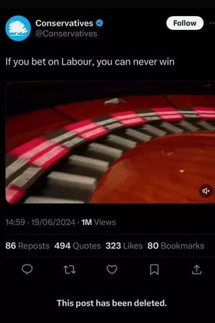 The Tories' tweet had warned of a 'bet' on Labour - hours before allegations emerged about the campaign manager's wife