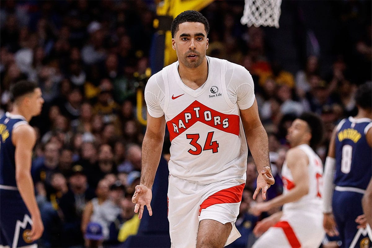 Toronto Raptors center Jontay Porter (34) reacts after a play in the third quarter against the Denver Nuggets at Ball Arena.