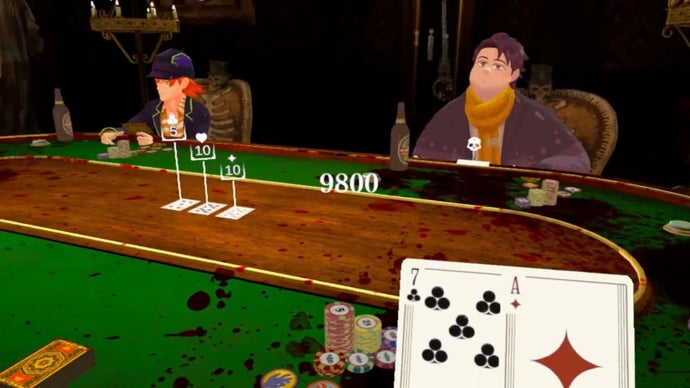 Players of a poker-like game sit around a blood-spattered table.