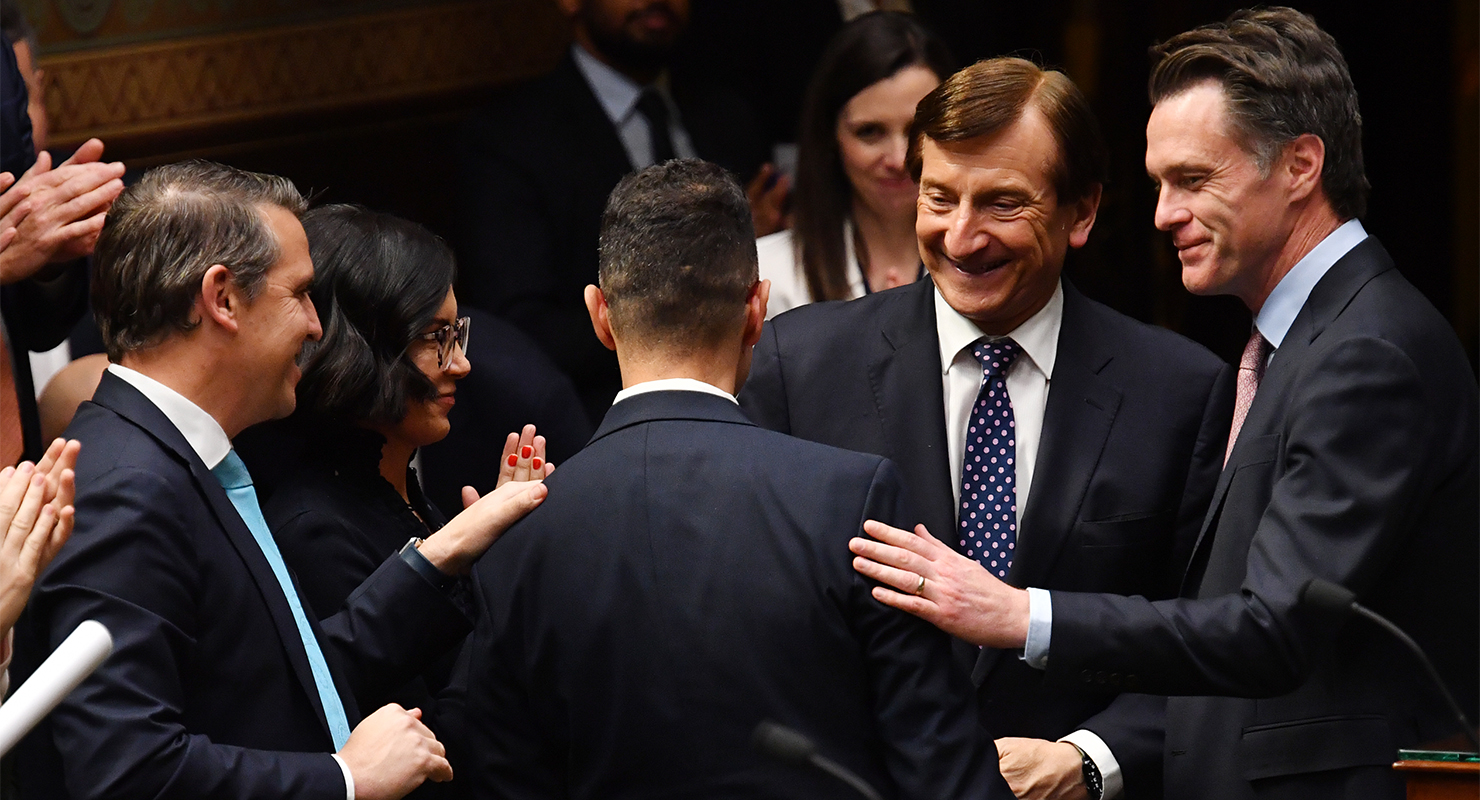 NSW Treasurer Daniel Mookhey congratulated by Premier Chris Minns and others (Image: AAP/Bianca De Marchi)