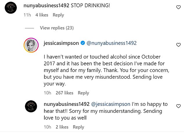 After a fan asked her to 'stop drinking' in an Instagram comment, she wrote, 'I haven’t wanted or touched alcohol since October 2017 and it has been the best decision I've made for myself and for my family'