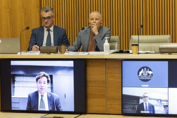 Former AFL CEO Gillon McLachlan, bottom left, and NRL CEO Andrew Abdo appearing before the online gambling inquiry chaired by the late Labor MP Peta Murphy.